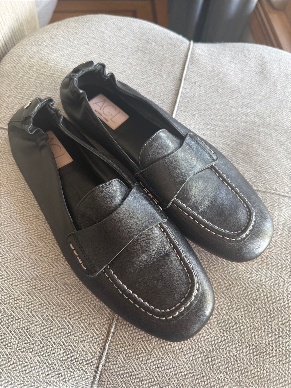 AGL Black Leather Penny Loafers with Contrast Stitching - Picture 2 of 6